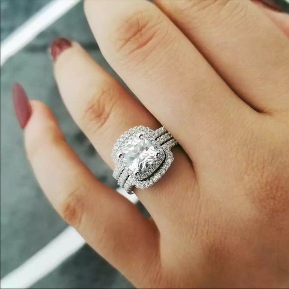 New Women’s 3 pc Set 925 Silver Diamond Engagement Bride Ring - Picture 2 of 6